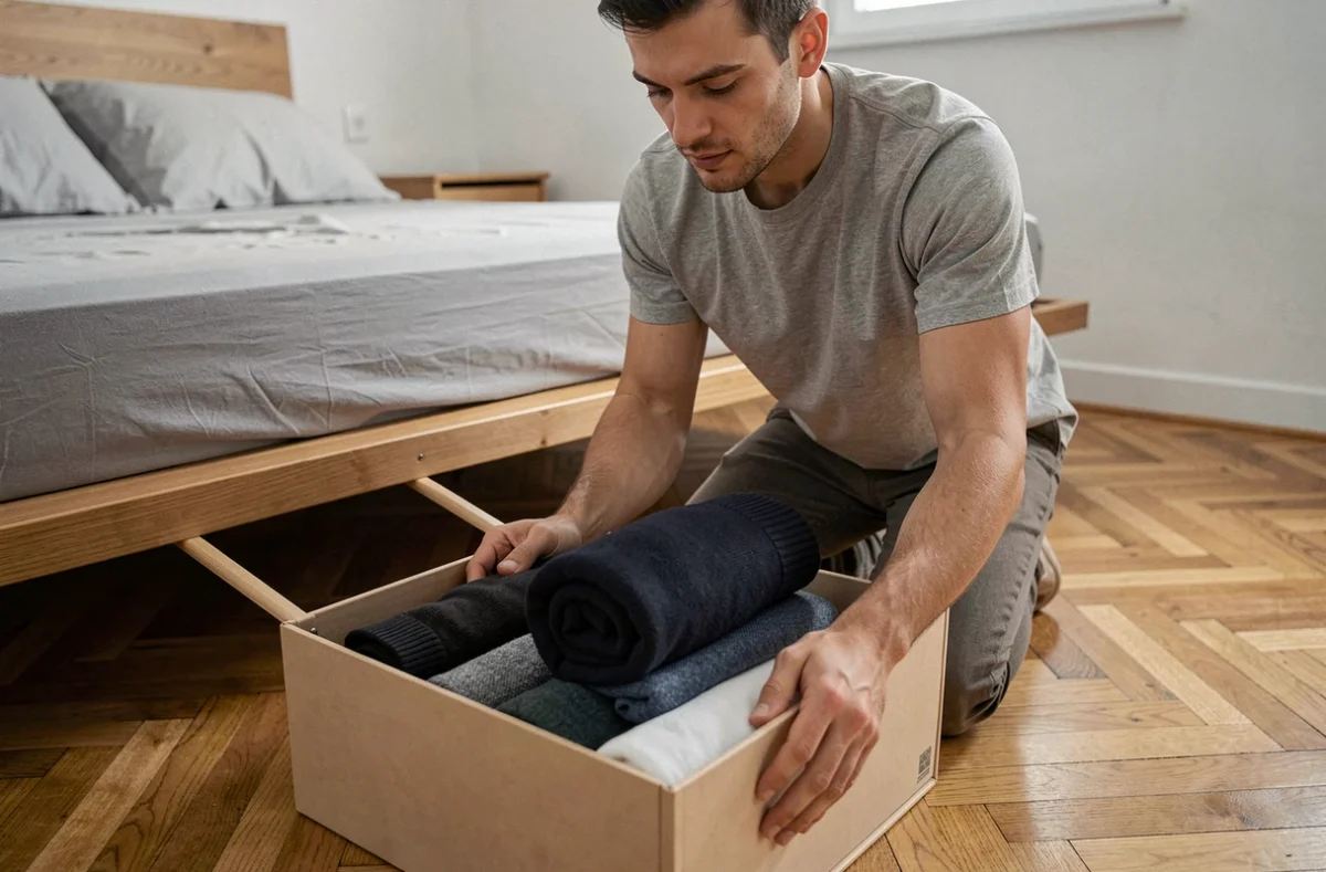 Homme rangeant des pulls roulés dans un bac de rangement sous le lit en parquet