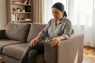 Femme évaluant la qualité du tissu d'un canapé Poltronesofà dans un salon moderne