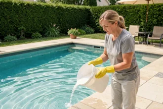 Femme versant des granulés de chlore dans une piscine extérieure bien entretenue, équipée de gants de protection