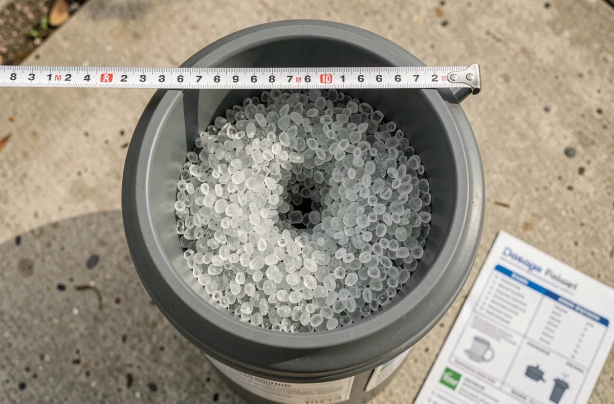 Gros plan sur le verre de filtration dans un filtre de piscine avec un mètre ruban indiquant la profondeur de remplissage