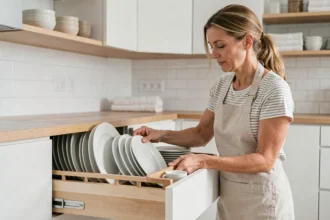 Femme rangeant des assiettes blanches dans un tiroir organisateur d'une cuisine équipée scandinave