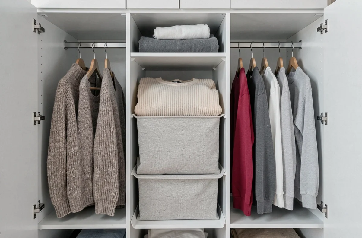 Intérieur d'une armoire moderne avec pulls rangés debout dans des organisateurs de tiroirs
