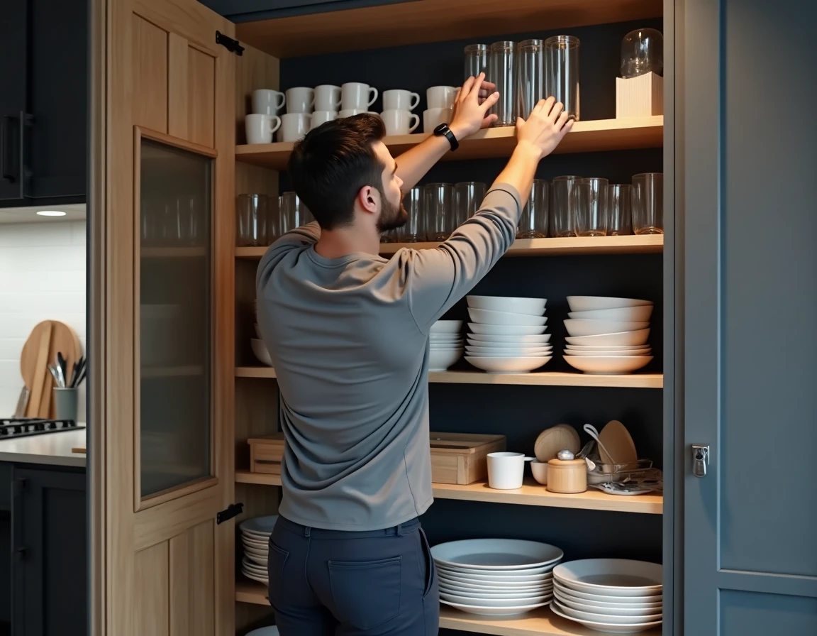 Homme rangeant des verres sur des étagères organisées dans un grand placard de cuisine équipée