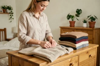 Femme pliant soigneusement des pulls en laine sur une commode en bois dans une chambre organisée