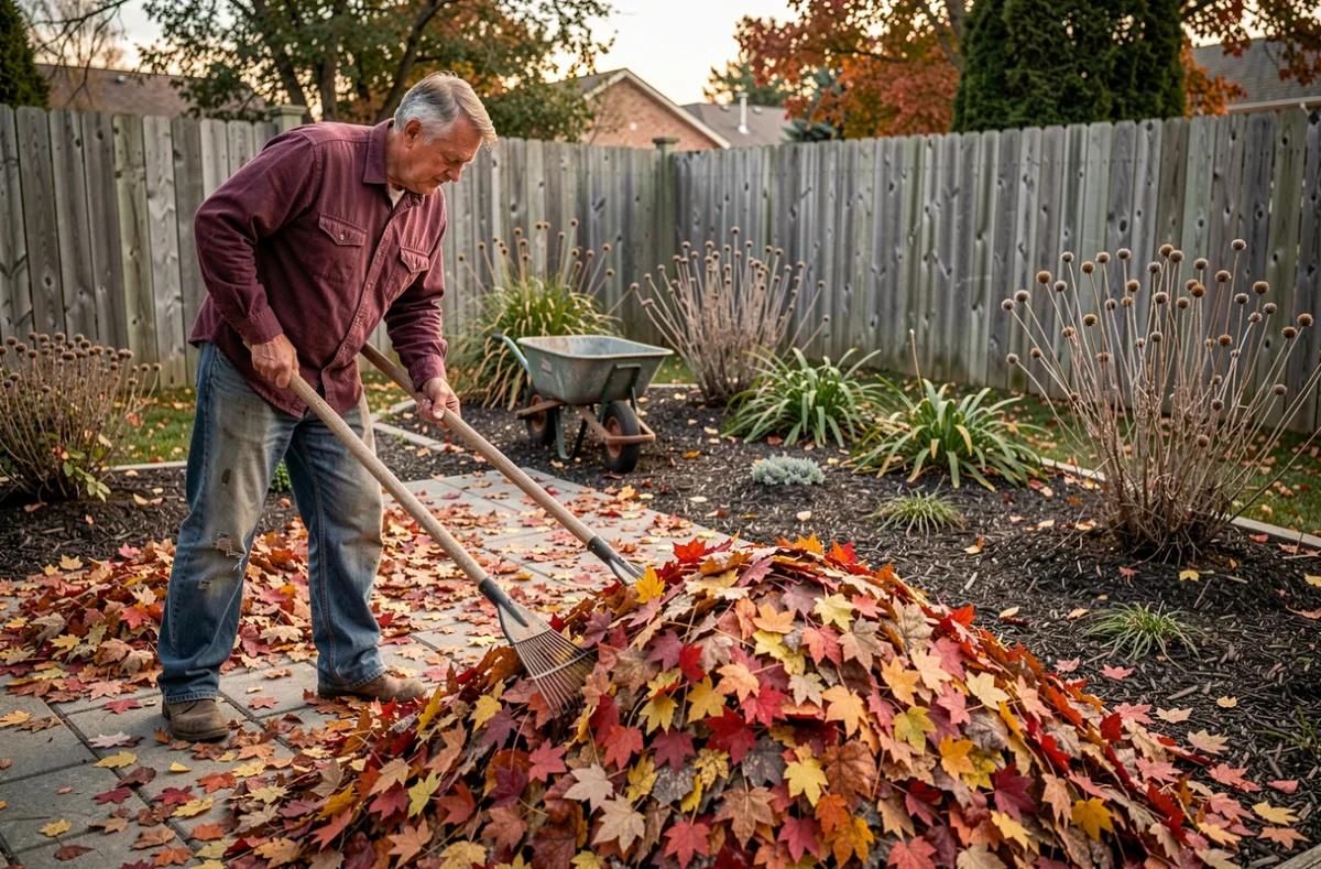 Homme ratissant des feuilles d'érable colorées pour les intégrer comme paillis dans les massifs du jardin en automne
