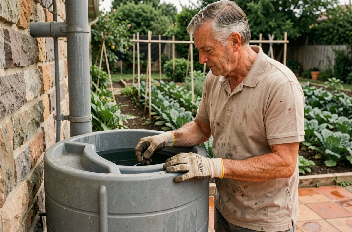 Jardinier vérifiant le niveau d'un récupérateur d'eau de pluie pour arroser le potager pendant les fortes chaleurs