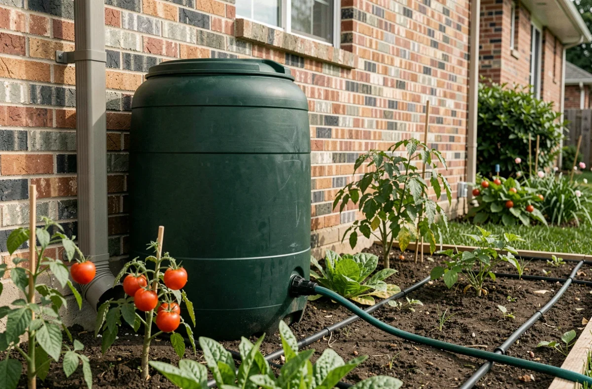 Récupérateur d'eau de pluie connecté à une gouttière dans un jardin potager pour arroser les plantes