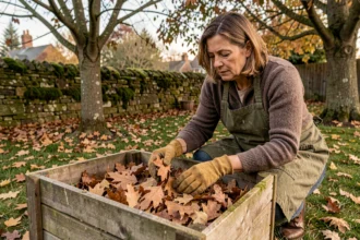 Femme jardinière déposant des feuilles mortes dans un bac à compost en bois dans un jardin d'automne