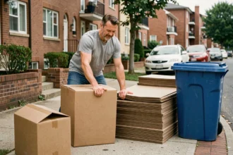 Homme qui aplatit des cartons de déménagement pour les déposer dans un bac de recyclage sur le trottoir