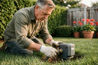 Jardinier réglant la durée d'un arrosage automatique sur un programmateur de valve enterré dans une pelouse verte