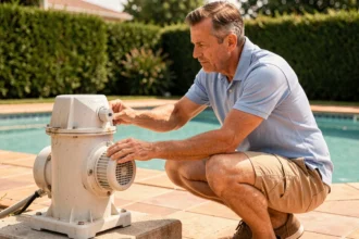 Homme réglant le minuteur de la pompe de piscine en été dans un jardin résidentiel