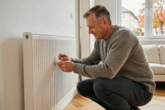 Homme ajustant le thermostat d'un radiateur blanc dans un salon moderne pour optimiser le chauffage central