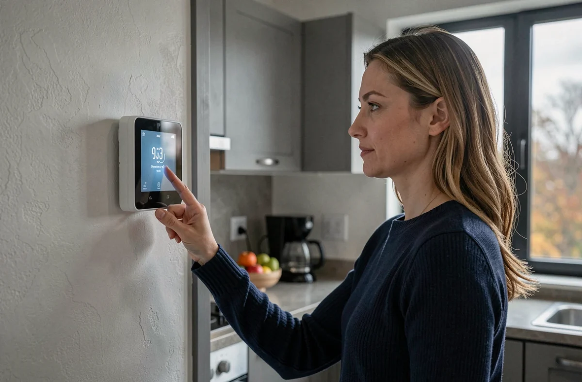 Femme réglant la température sur un thermostat connecté à écran tactile dans une cuisine moderne