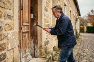 Artisan retirant une ancienne porte d'entrée en bois d'une maison en pierre pour la remplacer par un modèle isolant thermique