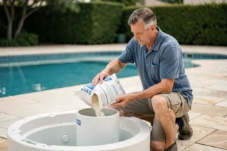 Homme versant du verre de filtration dans un filtre de piscine sur une terrasse en pierre