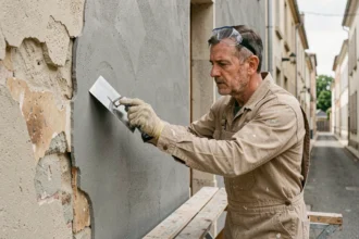 Ouvrier appliquant un enduit de rénovation sur une façade ancienne en pierre avec une taloche, vue en contre-plongée légère