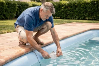 Homme réparant une fuite sur le liner d'une piscine sans la vider, appliquant un patch adhésif sous l'eau