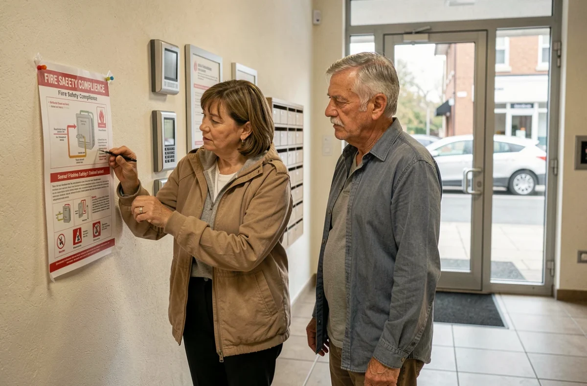 Deux résidents lisant une affiche de nouvelles normes de sécurité incendie dans le hall d'entrée d'un immeuble d'appartements