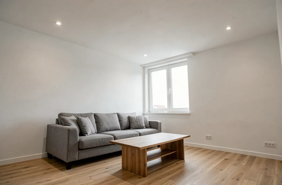 Salon moderne avec faux plafond en plâtre lisse et spots encastrés après rénovation, résultat final soigné et contemporain