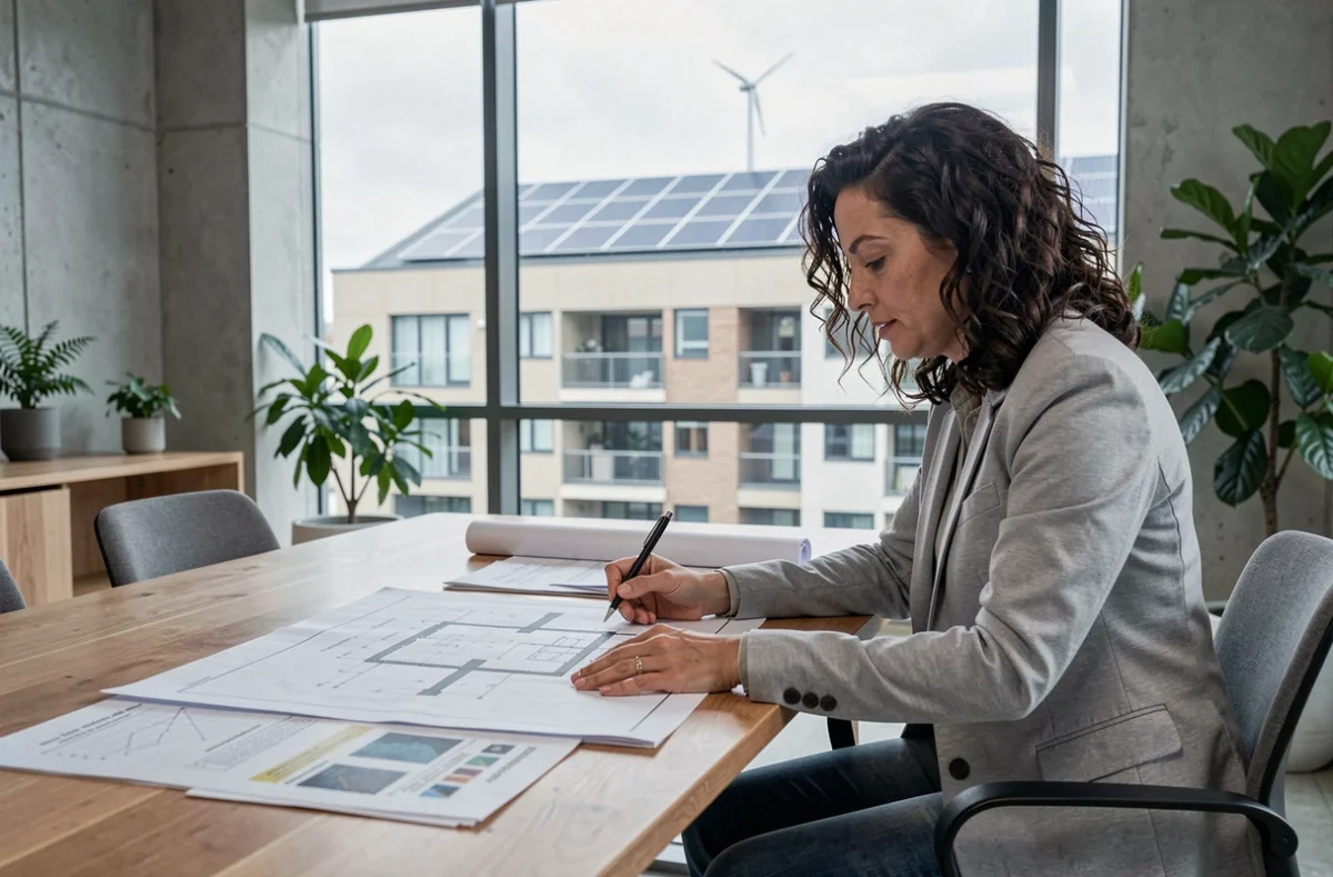 Réunion de copropriété urbaine pour la planification d'énergies renouvelables dans un immeuble résidentiel
