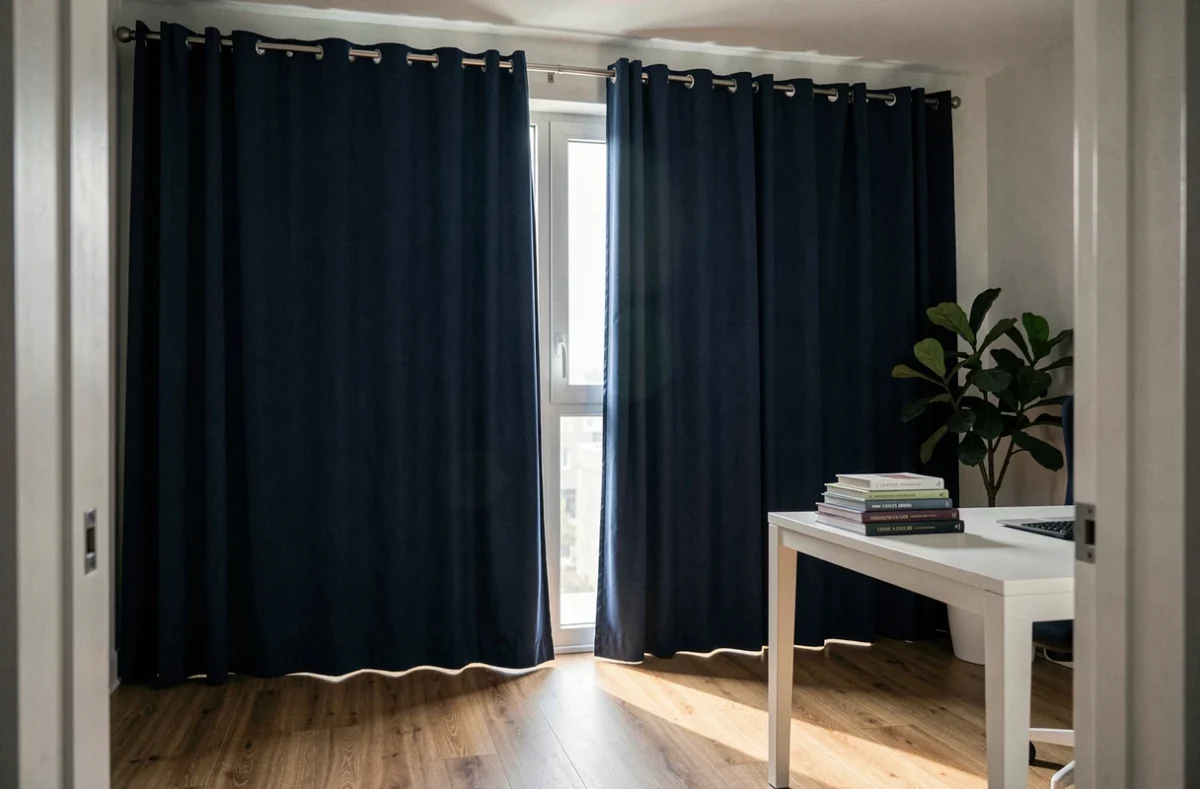 Vue grand angle d'un bureau avec rideaux occultants bleu marine exerçant une pression sur le cadre de fenêtre aluminium