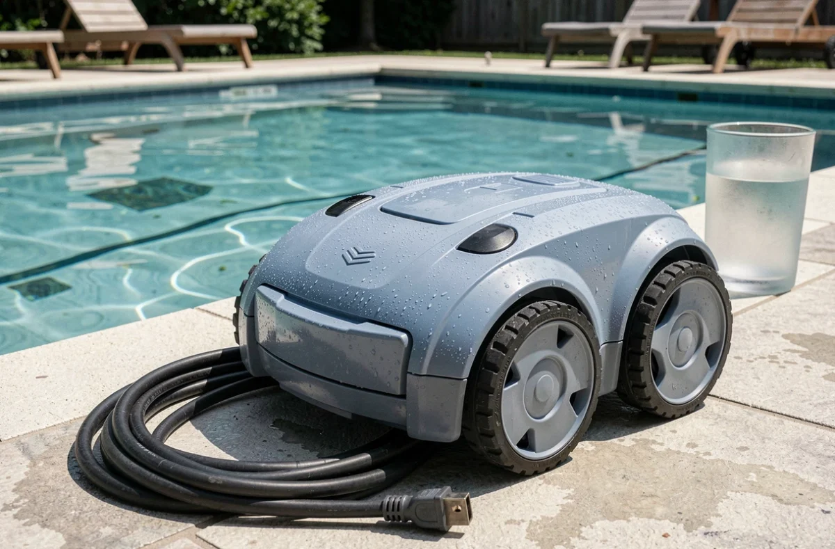 Robot nettoyeur de piscine posé sur le bord du bassin après un cycle de nettoyage, eau parfaitement limpide visible en arrière-plan