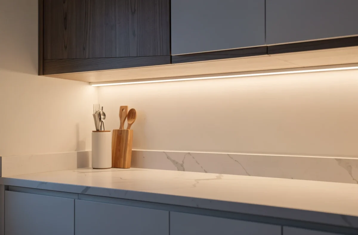 Ruban LED adhésif posé sous un meuble de cuisine