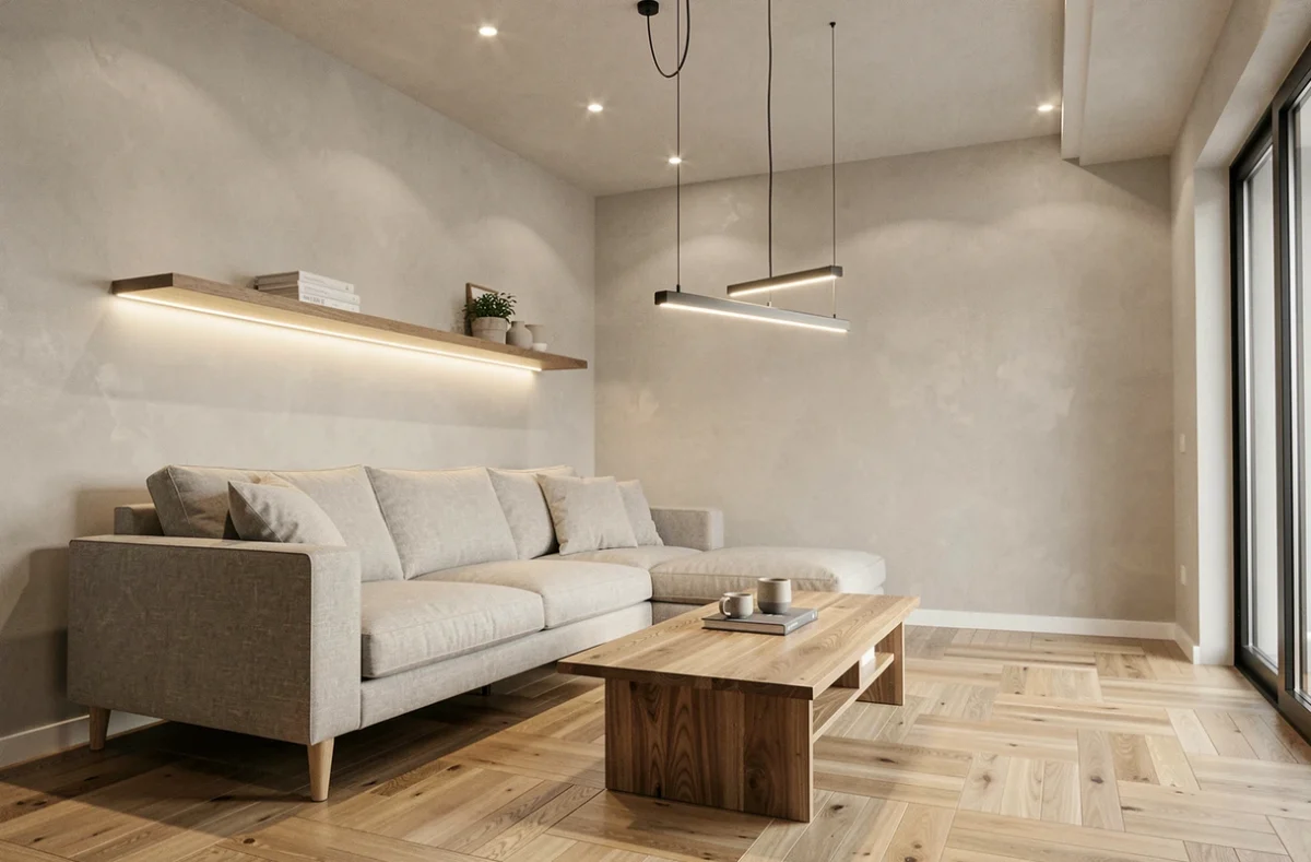 Salon moderne avec éclairage LED complet installé : spots encastrés, bandeau LED et suspension intégrée