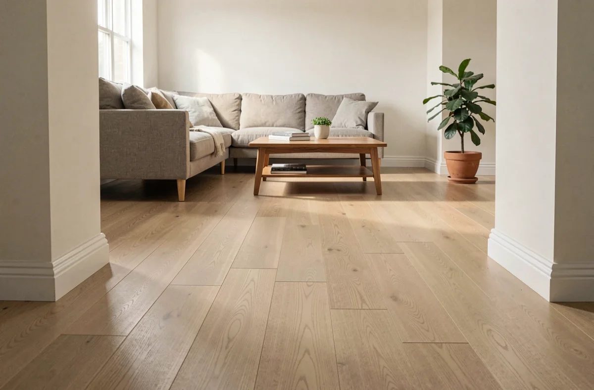 Salon entièrement rénové avec un parquet stratifié chêne clair posé, meublé sobrement avec canapé et table basse