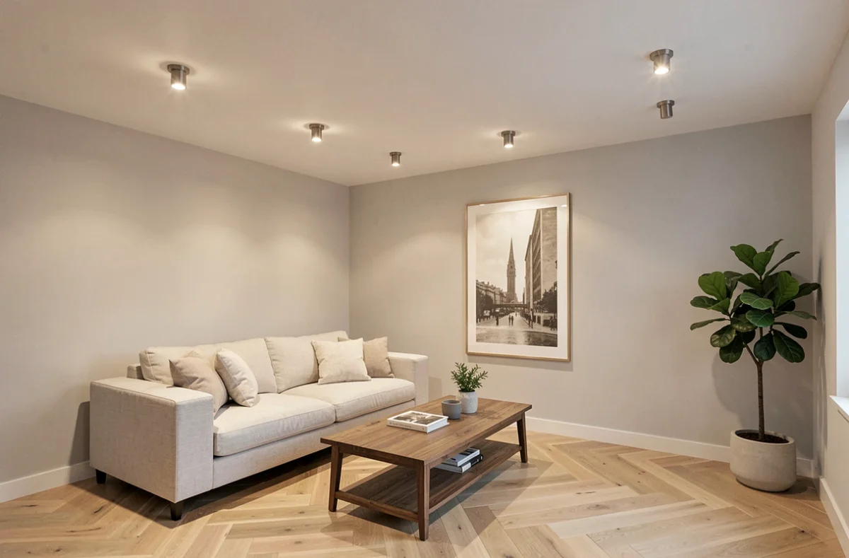 Salon moderne avec rangée de spots encastrés installés dans un plafond en placo, finition nickel brossé