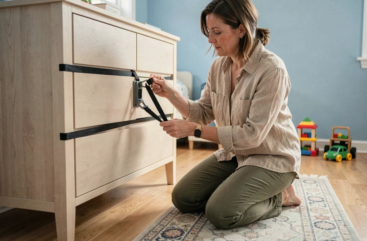 Femme fixant une sangle anti-basculement à une commode dans une chambre pour prévenir les accidents de meuble