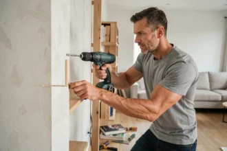 Homme fixant une bibliothèque en bois au mur avec une cheville et une perceuse pour sécuriser le meuble