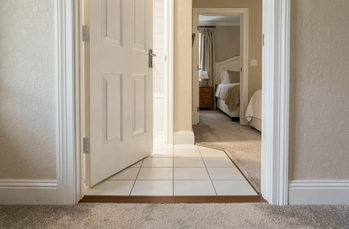 Vue d'ensemble d'un seuil de porte bas-profil entre une salle de bain carrelée et une chambre moquettée dans une maison européenne