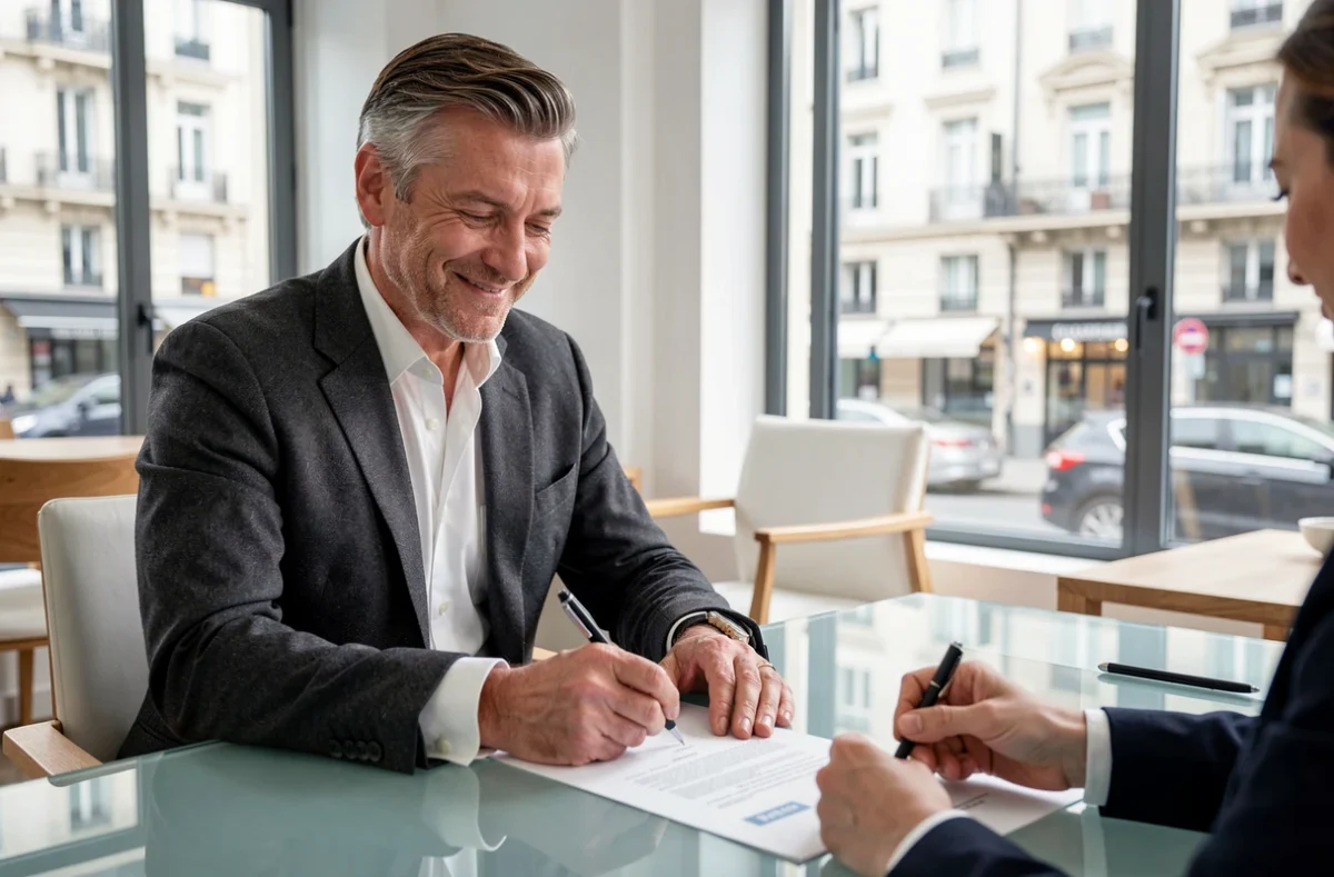 Homme signant un compromis de vente en copropriété dans une agence immobilière contemporaine à Paris