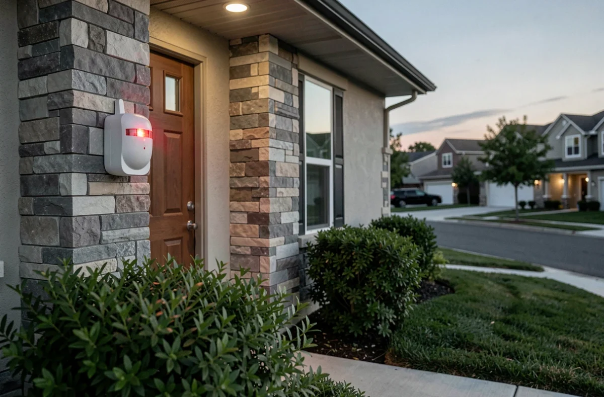 Sirène d'alarme connectée installée en extérieur sur la façade d'une maison individuelle moderne pour la sécurité du domicile