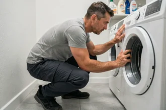 Homme soulevant une machine à laver en adoptant la bonne posture avec dos droit et genoux fléchis