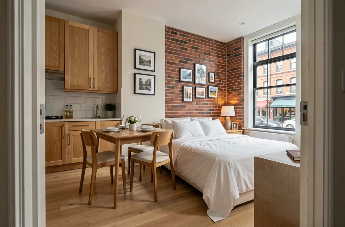 Studio meublé prêt à la location avec cuisine équipée, lit fait et décoration soignée dans un appartement urbain lumineux