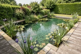 Piscine naturelle de taille moyenne avec zone de baignade et zone de filtration végétale dans un jardin verdoyant