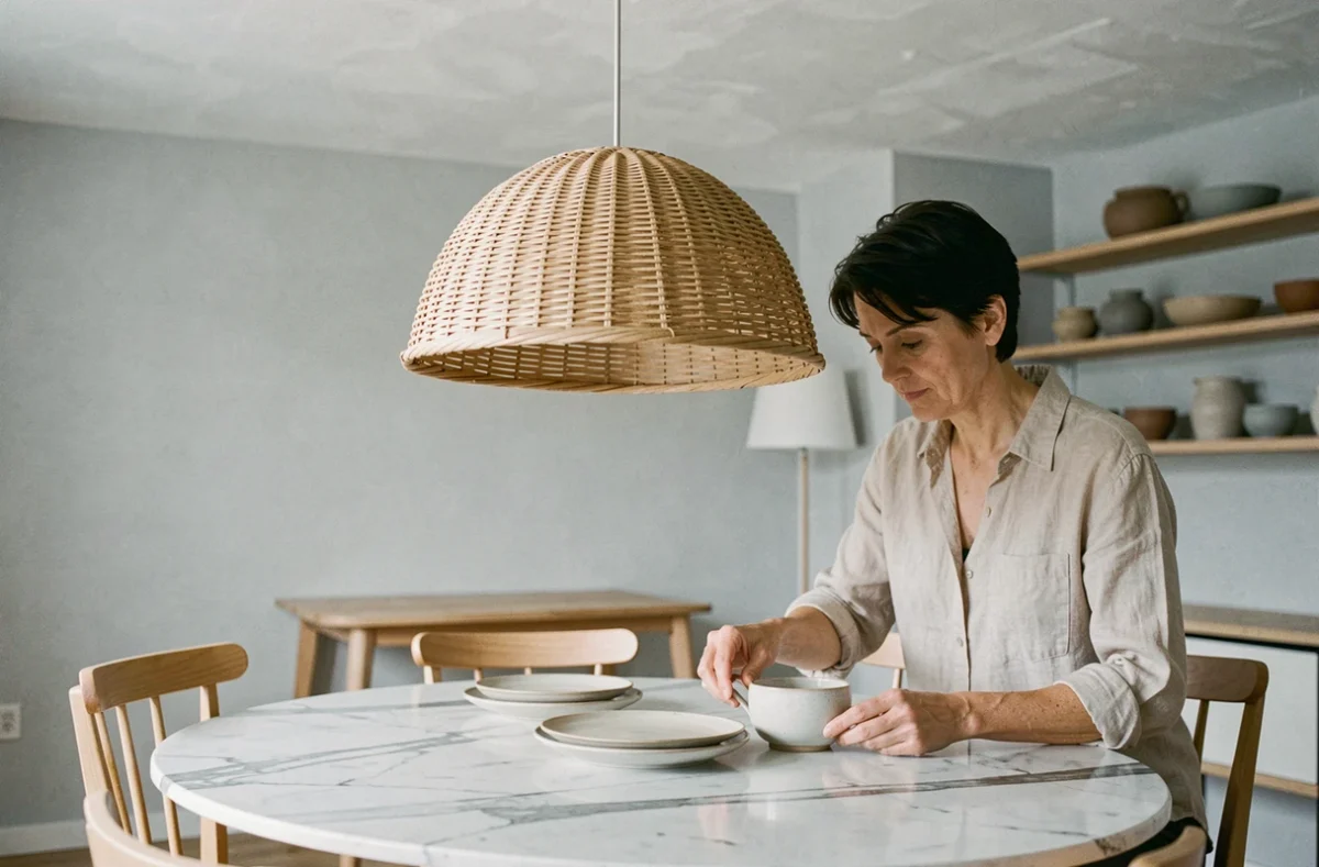 Suspension en rotin au-dessus d'une table ronde en marbre dans une salle à manger de style scandinave épuré