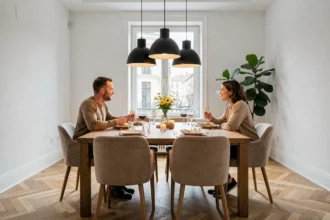 Suspensions noires modernes au-dessus d'une table à manger en chêne dans une salle à manger contemporaine avec parquet en chevrons