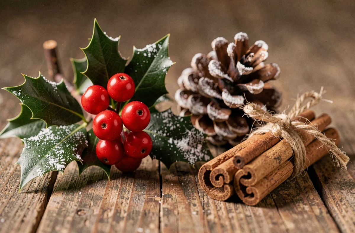 Composition de houx, pomme de pin et cannelle sur bois rustique, symboles naturels de l'hiver