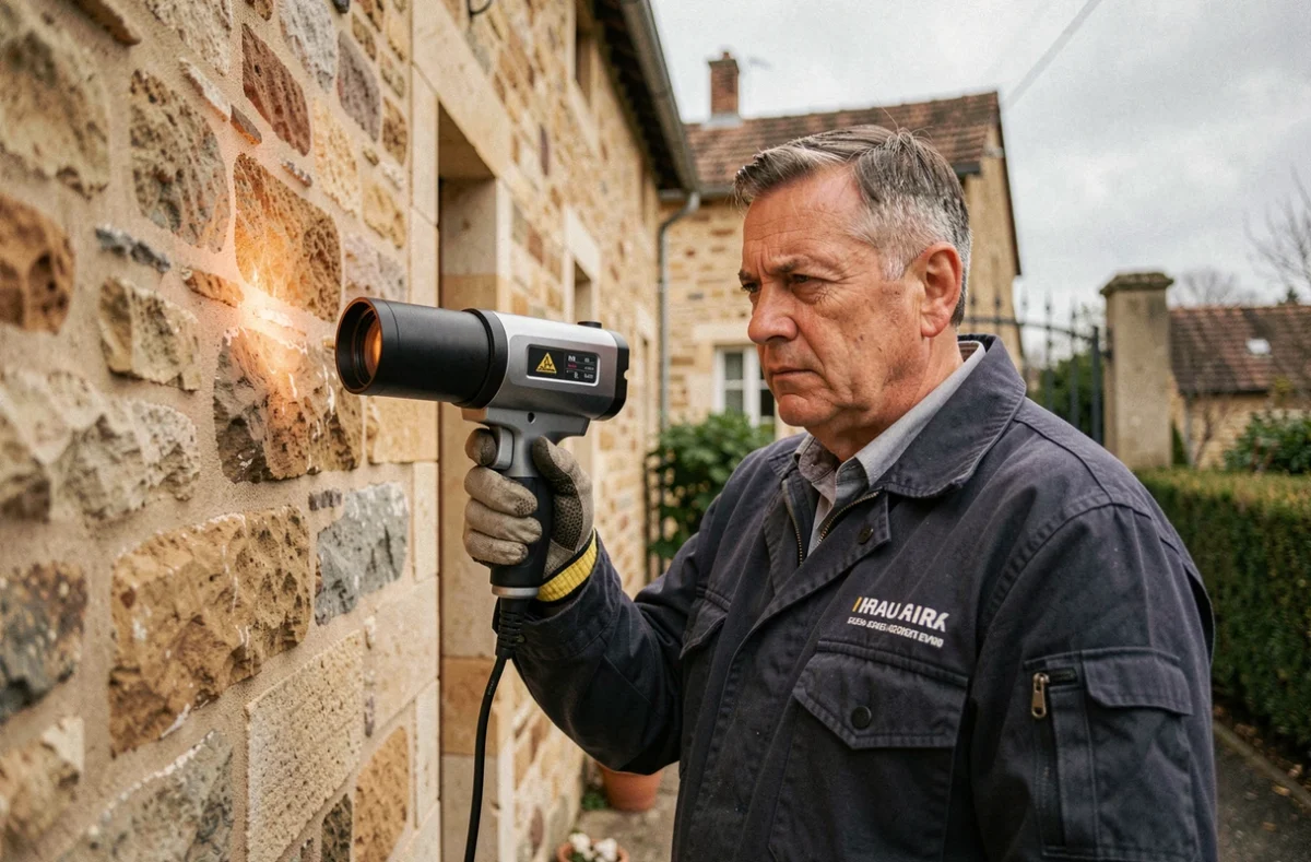 Technicien réalisant un diagnostic thermique sur la façade d'une maison avant sa mise en vente