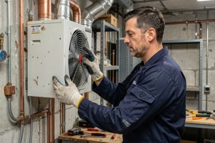 Technicien HVAC inspectant une unité de récupération de chaleur murale dans une salle technique résidentielle