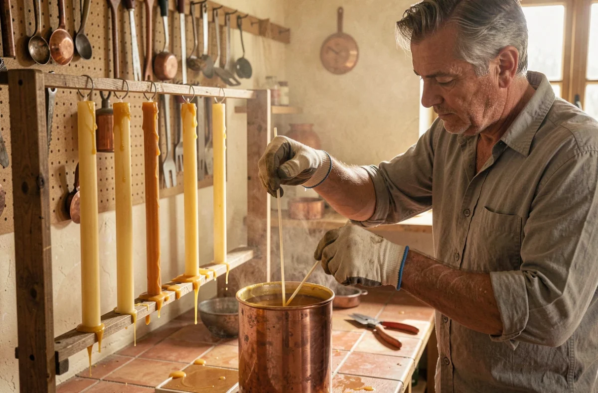 Artisan trempant des mèches dans de la cire fondue pour créer des bougies coulées traditionnelles dans un atelier rustique