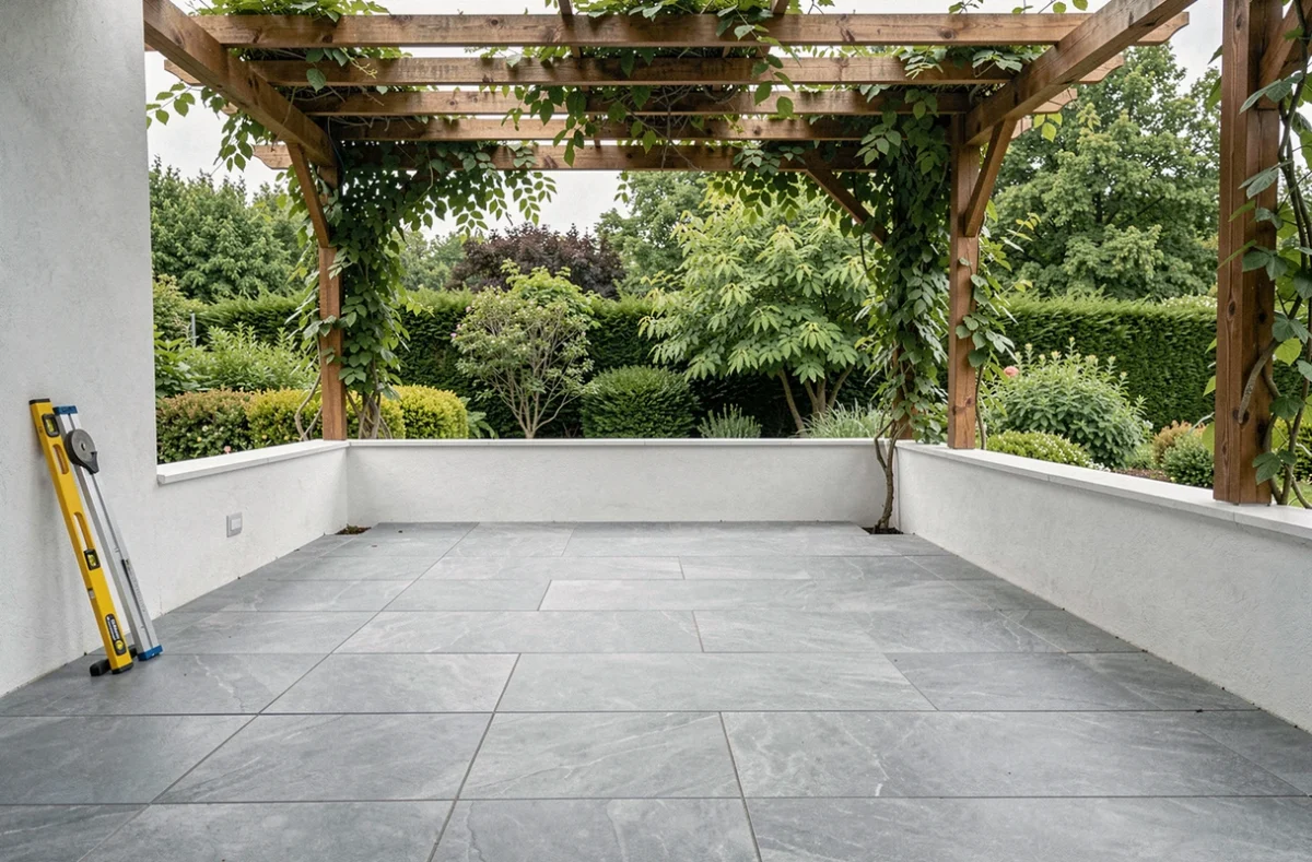 Terrasse extérieure terminée avec carrelage en grès cérame effet pierre et joints gris bien alignés