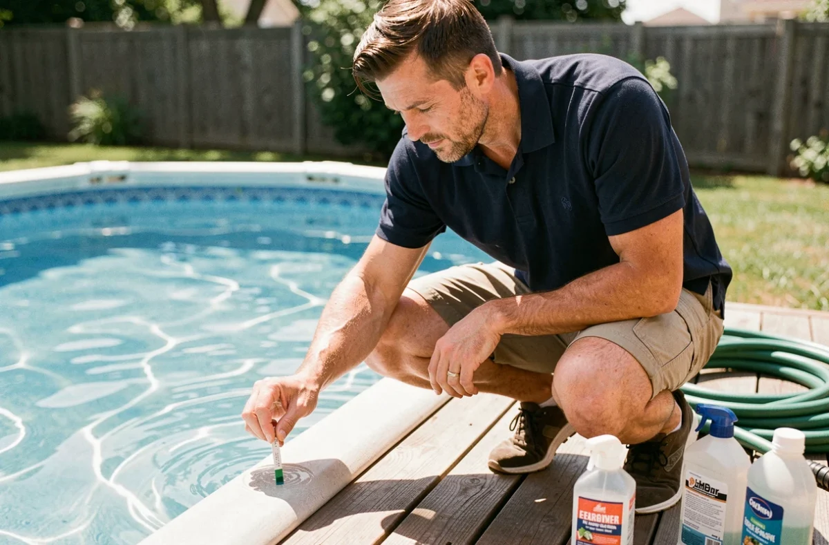Homme testant l'eau d'une piscine hors-sol avec une bandelette de test chimique pour contrôler le pH et le chlore
