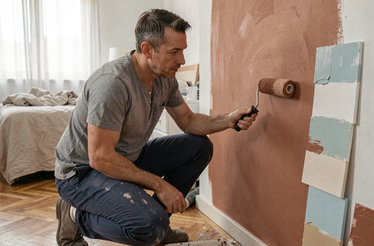 Décorateur testant des échantillons de peinture terracotta et bleu pâle sur un mur de chambre pour comparer les couleurs