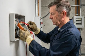 Électricien testant la mise à la terre d'une installation électrique avec un multimètre numérique dans un tableau de répartition résidentiel