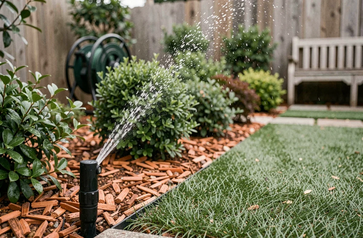 Tête d'arrosage automatique en fonctionnement arrosant des massifs de jardin résidentiel avec des gouttes d'eau visibles sur les feuilles
