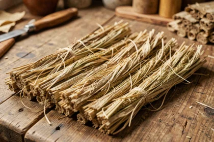 Gros plan sur des fibres de chanvre brutes montrant leur texture rugueuse et irrégulière sur une table en bois d'atelier artisanal